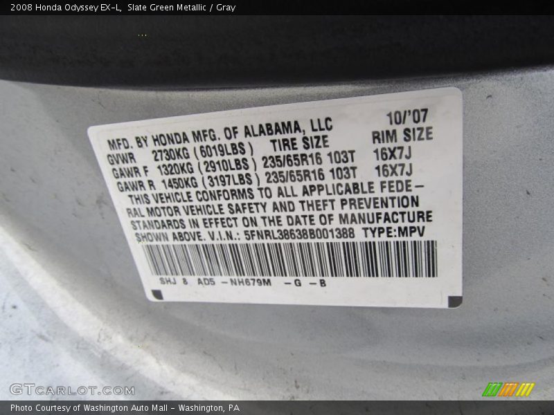Slate Green Metallic / Gray 2008 Honda Odyssey EX-L