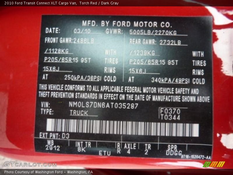 Info Tag of 2010 Transit Connect XLT Cargo Van