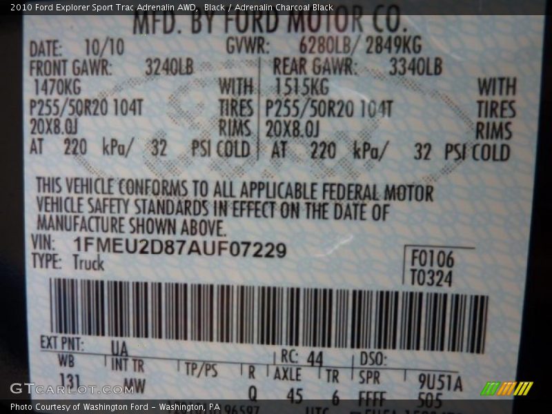 2010 Explorer Sport Trac Adrenalin AWD Black Color Code UA