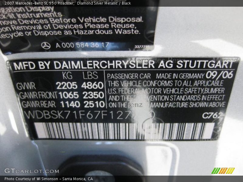 Diamond Silver Metallic / Black 2007 Mercedes-Benz SL 550 Roadster