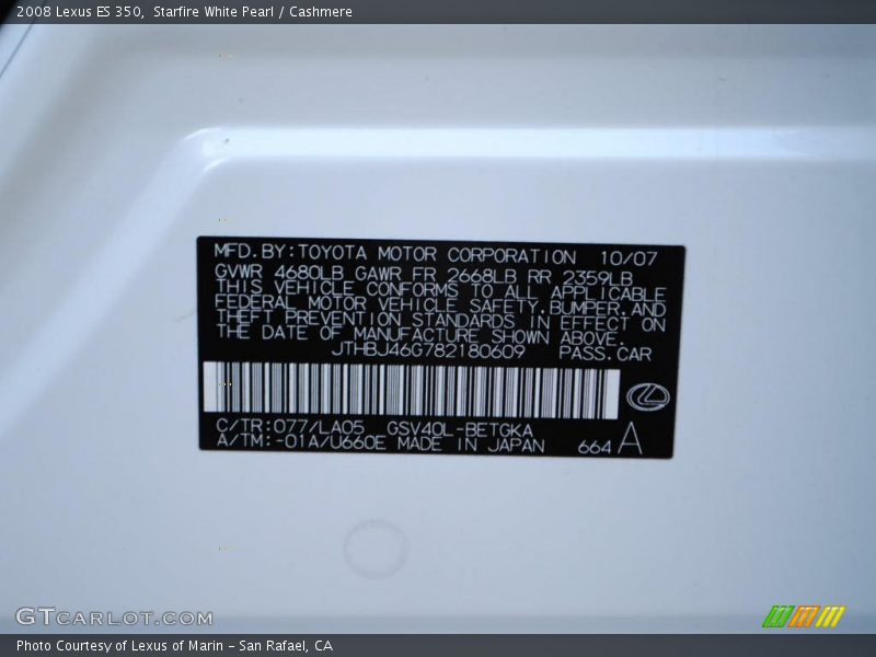 Info Tag of 2008 ES 350