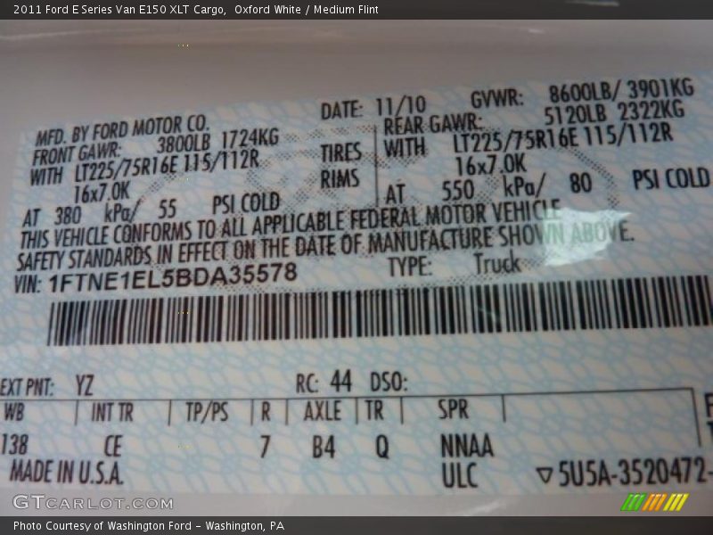 2011 E Series Van E150 XLT Cargo Oxford White Color Code YZ