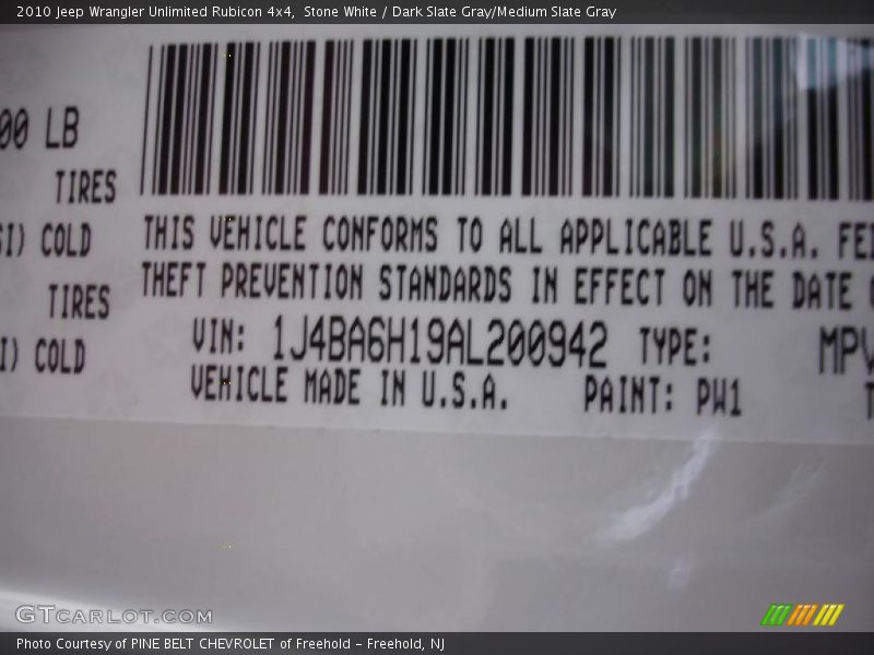 2010 Wrangler Unlimited Rubicon 4x4 Stone White Color Code PW1