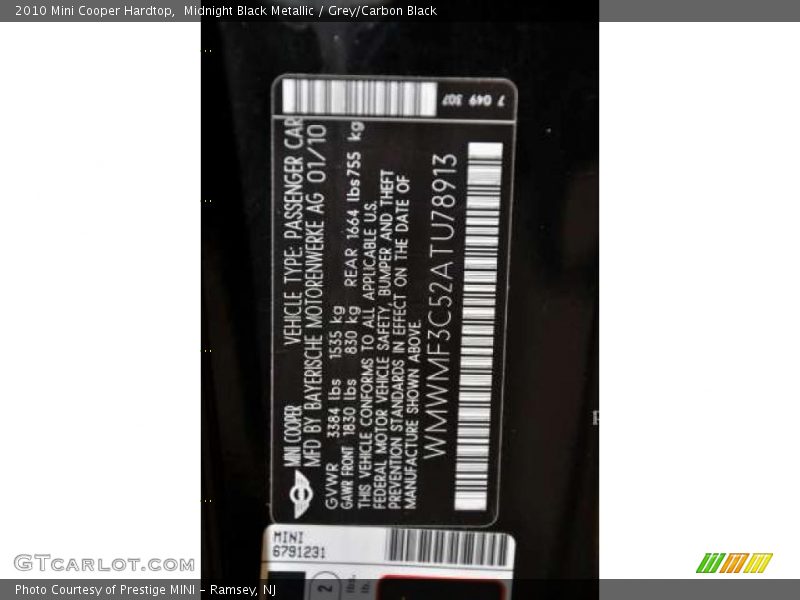 Midnight Black Metallic / Grey/Carbon Black 2010 Mini Cooper Hardtop