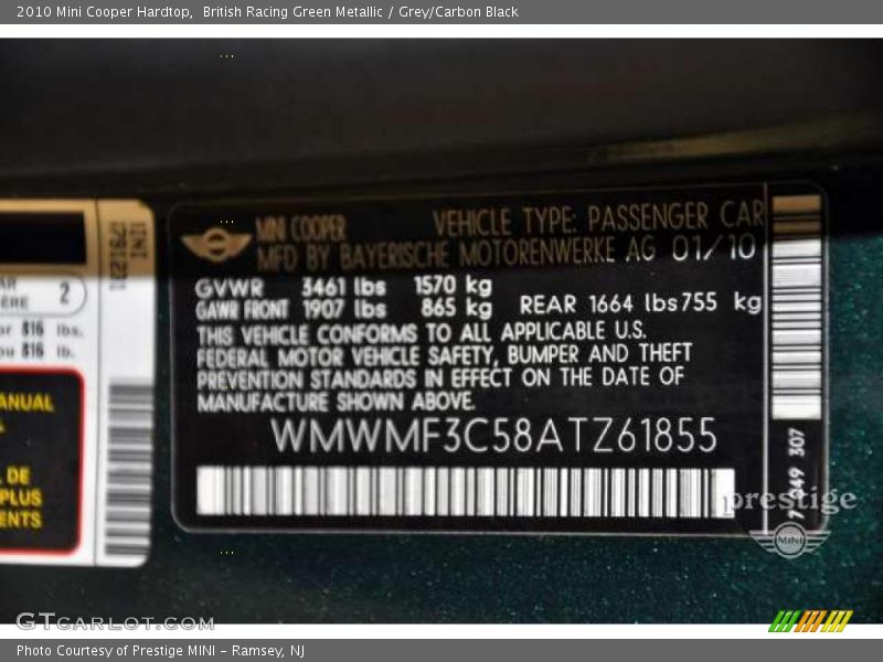 British Racing Green Metallic / Grey/Carbon Black 2010 Mini Cooper Hardtop