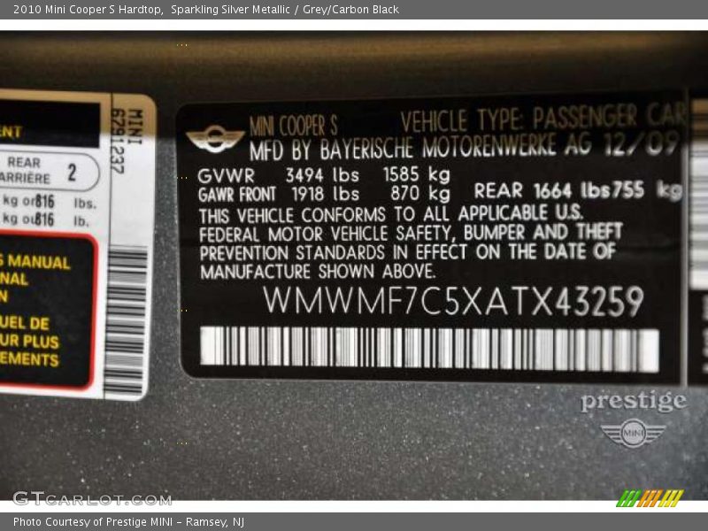 Sparkling Silver Metallic / Grey/Carbon Black 2010 Mini Cooper S Hardtop