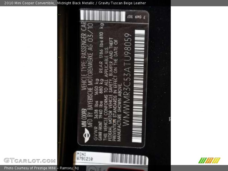 Midnight Black Metallic / Gravity Tuscan Beige Leather 2010 Mini Cooper Convertible