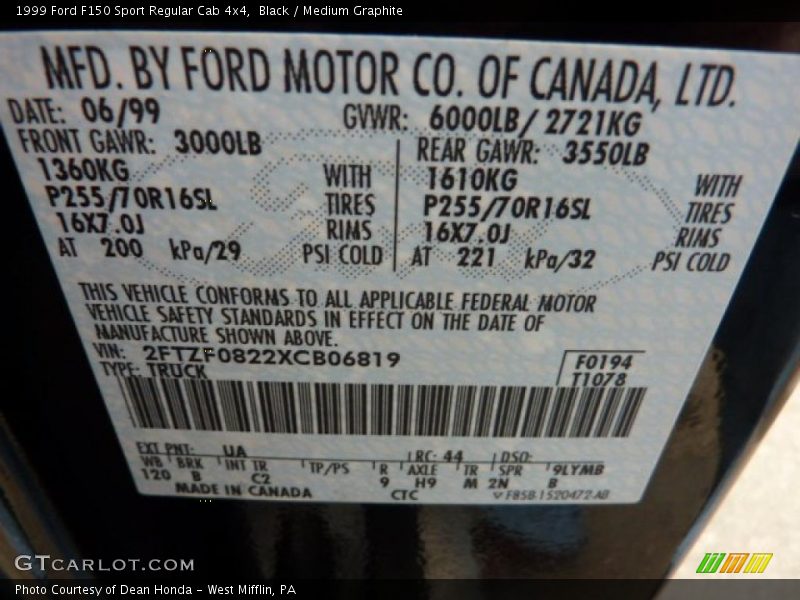 1999 F150 Sport Regular Cab 4x4 Black Color Code UA