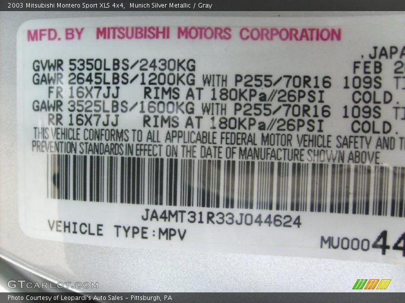 Munich Silver Metallic / Gray 2003 Mitsubishi Montero Sport XLS 4x4