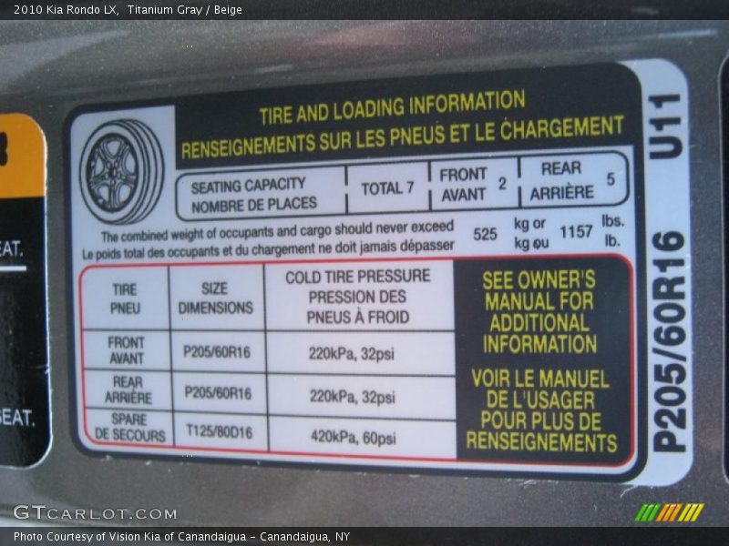 Titanium Gray / Beige 2010 Kia Rondo LX