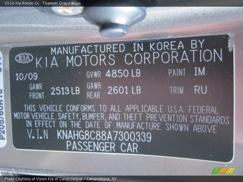 Titanium Gray / Beige 2010 Kia Rondo LX
