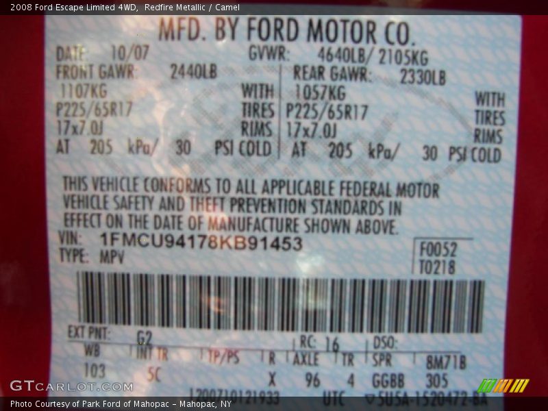 Redfire Metallic / Camel 2008 Ford Escape Limited 4WD