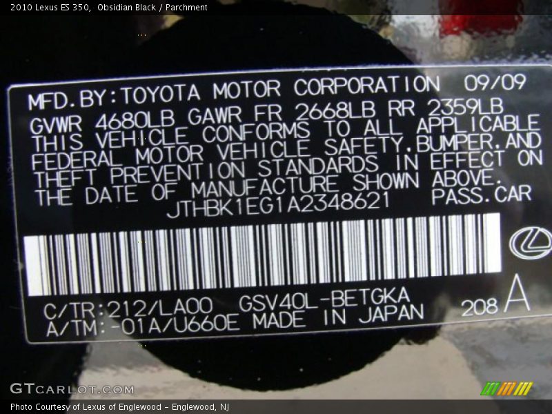 2010 ES 350 Obsidian Black Color Code 212