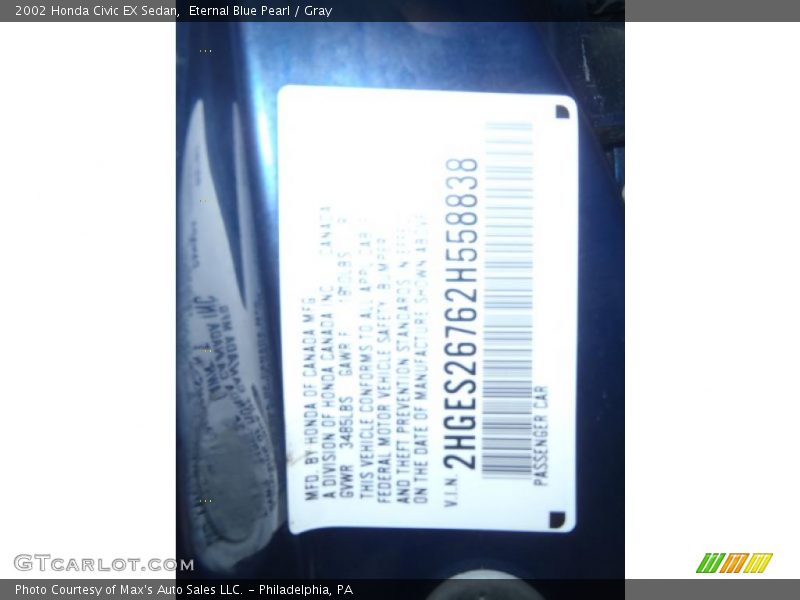 Eternal Blue Pearl / Gray 2002 Honda Civic EX Sedan