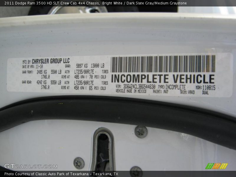 Bright White / Dark Slate Gray/Medium Graystone 2011 Dodge Ram 3500 HD SLT Crew Cab 4x4 Chassis