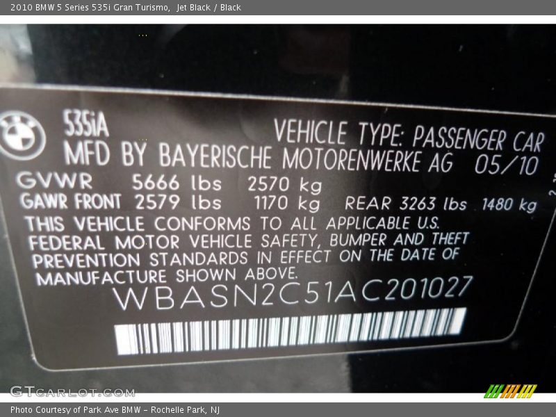 Info Tag of 2010 5 Series 535i Gran Turismo