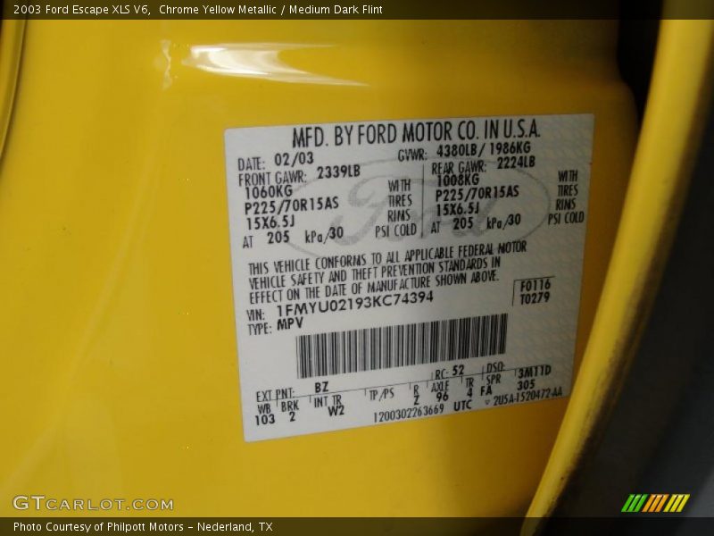 2003 Escape XLS V6 Chrome Yellow Metallic Color Code BZ