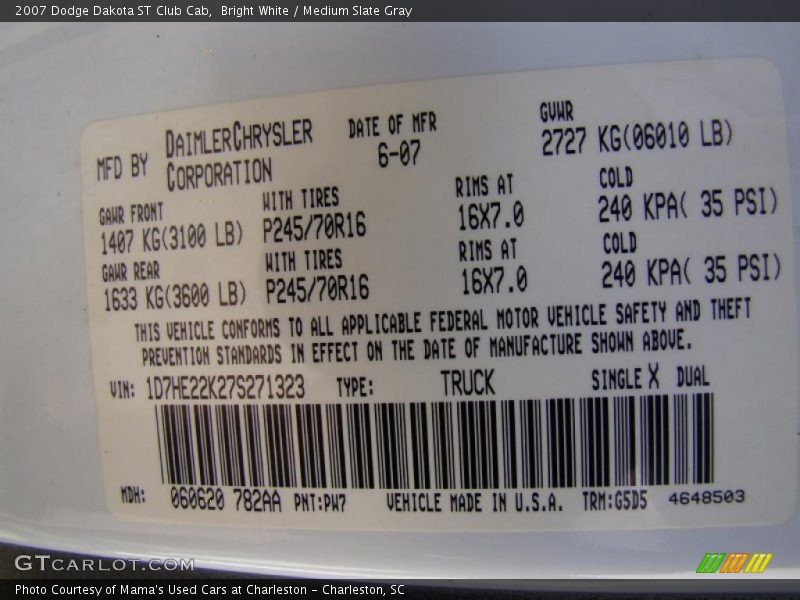 2007 Dakota ST Club Cab Bright White Color Code PW7