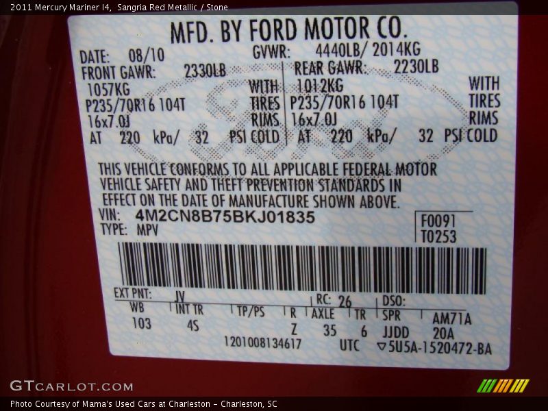 2011 Mariner I4 Sangria Red Metallic Color Code JV