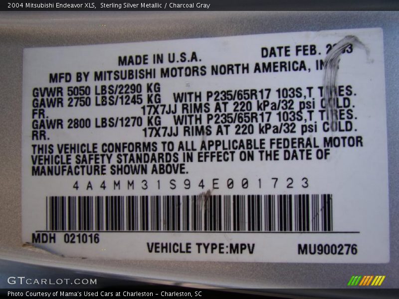 Sterling Silver Metallic / Charcoal Gray 2004 Mitsubishi Endeavor XLS