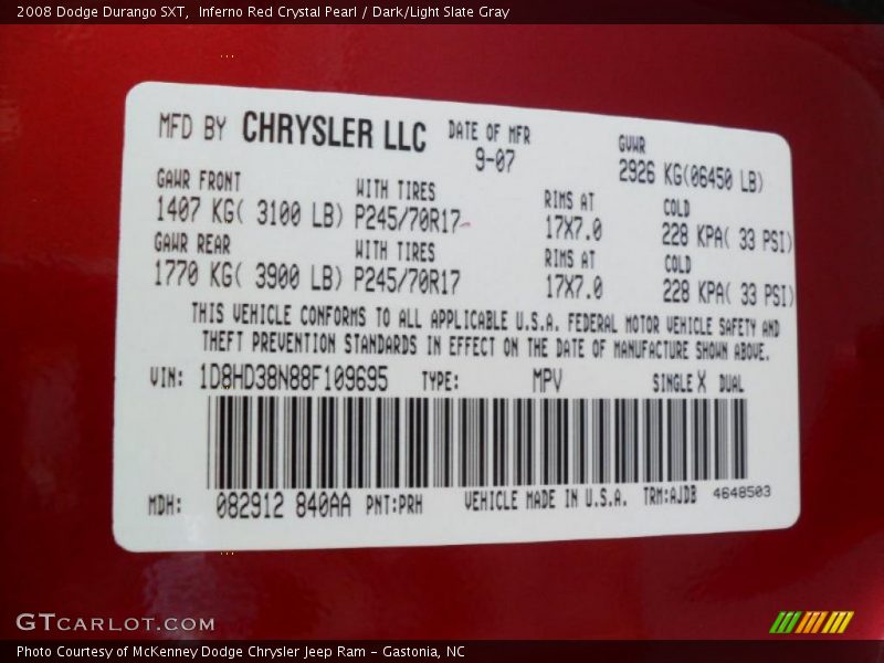 2008 Durango SXT Inferno Red Crystal Pearl Color Code PRH