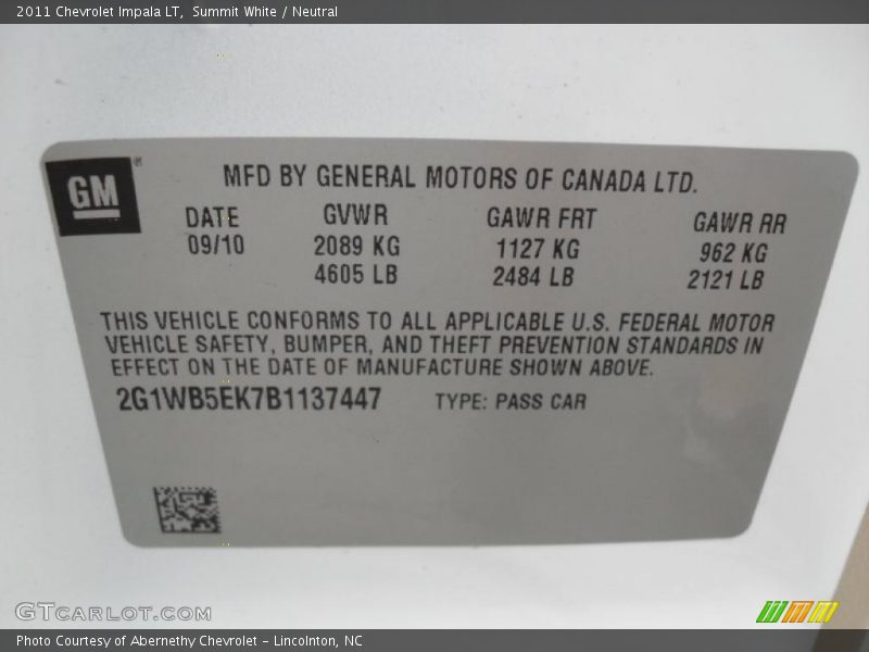 Summit White / Neutral 2011 Chevrolet Impala LT