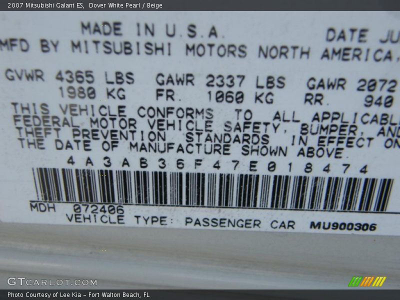 Dover White Pearl / Beige 2007 Mitsubishi Galant ES