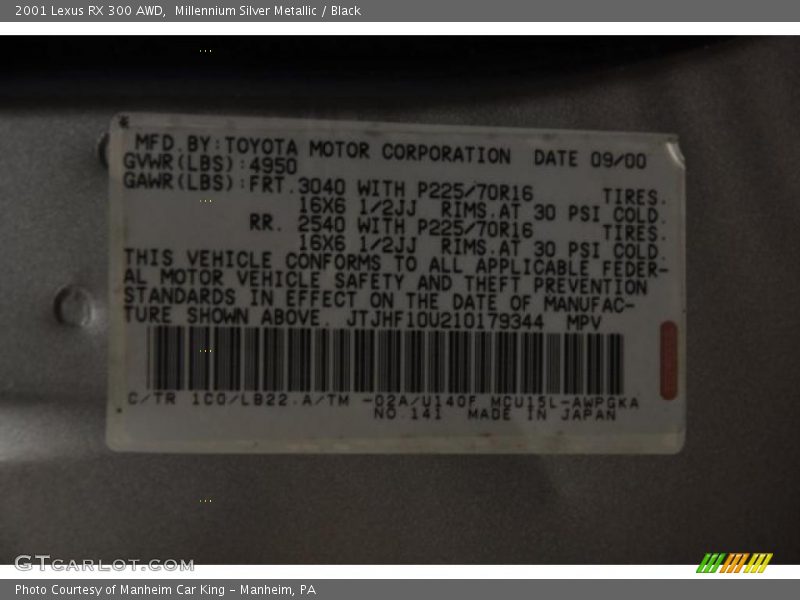 Millennium Silver Metallic / Black 2001 Lexus RX 300 AWD