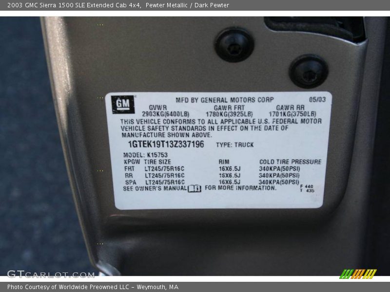 Info Tag of 2003 Sierra 1500 SLE Extended Cab 4x4