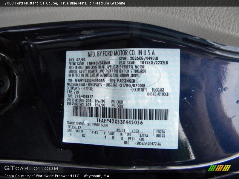 True Blue Metallic / Medium Graphite 2003 Ford Mustang GT Coupe