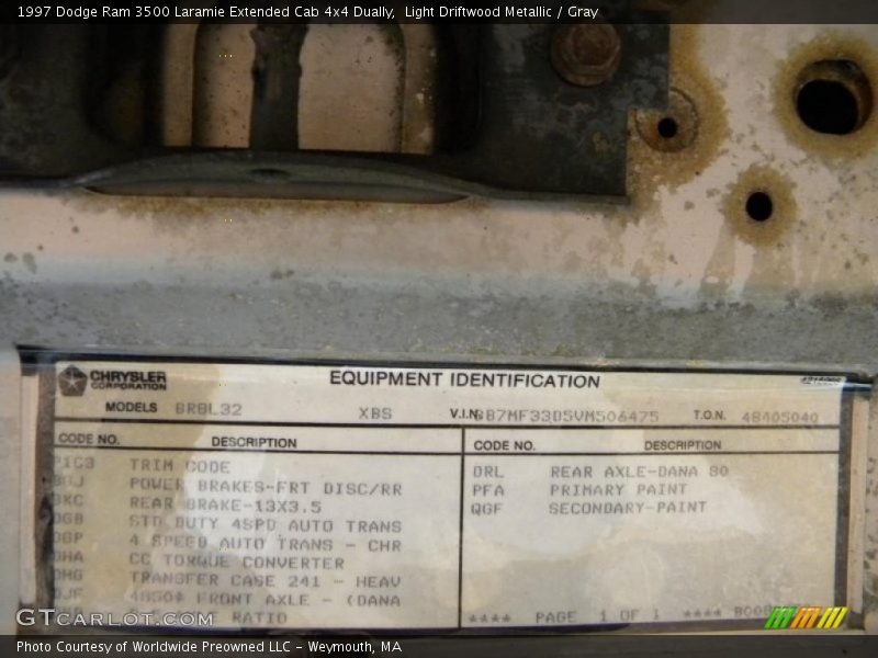 Info Tag of 1997 Ram 3500 Laramie Extended Cab 4x4 Dually