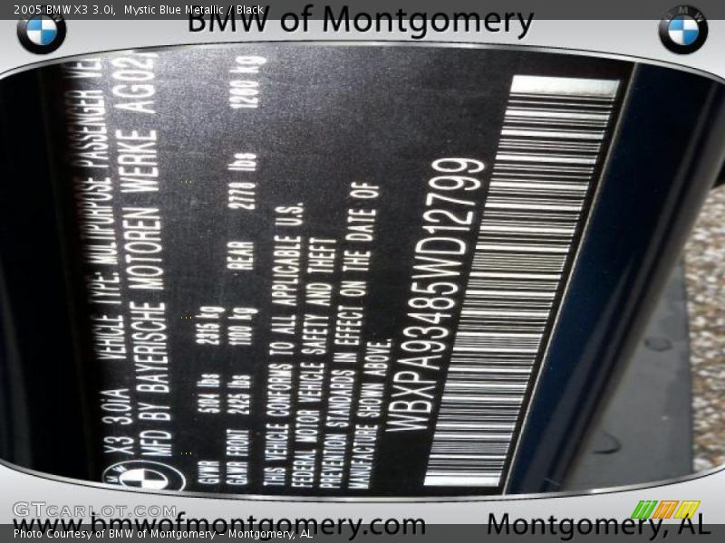 Mystic Blue Metallic / Black 2005 BMW X3 3.0i