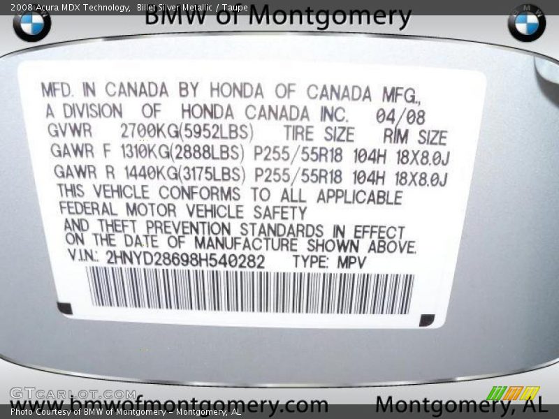 Billet Silver Metallic / Taupe 2008 Acura MDX Technology