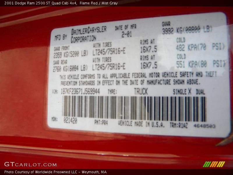 2001 Ram 2500 ST Quad Cab 4x4 Flame Red Color Code PR4