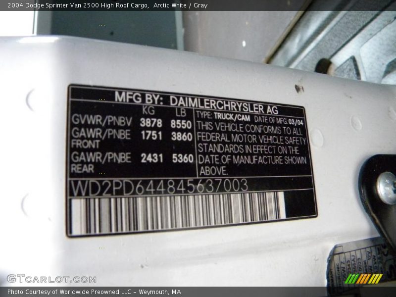 Info Tag of 2004 Sprinter Van 2500 High Roof Cargo