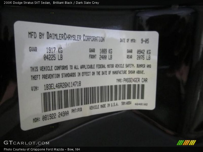 2006 Stratus SXT Sedan Brilliant Black Color Code PXR