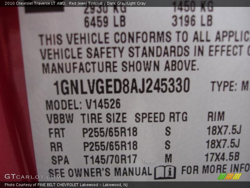 Red Jewel Tintcoat / Dark Gray/Light Gray 2010 Chevrolet Traverse LT AWD