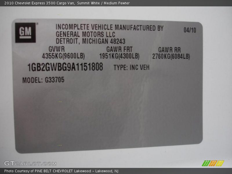 Summit White / Medium Pewter 2010 Chevrolet Express 3500 Cargo Van
