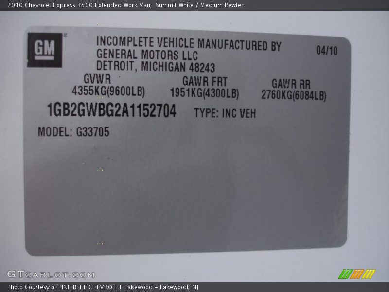 Summit White / Medium Pewter 2010 Chevrolet Express 3500 Extended Work Van