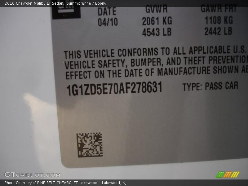Summit White / Ebony 2010 Chevrolet Malibu LT Sedan