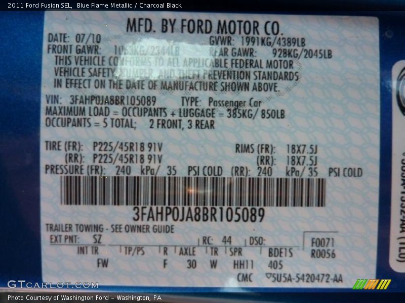 Blue Flame Metallic / Charcoal Black 2011 Ford Fusion SEL