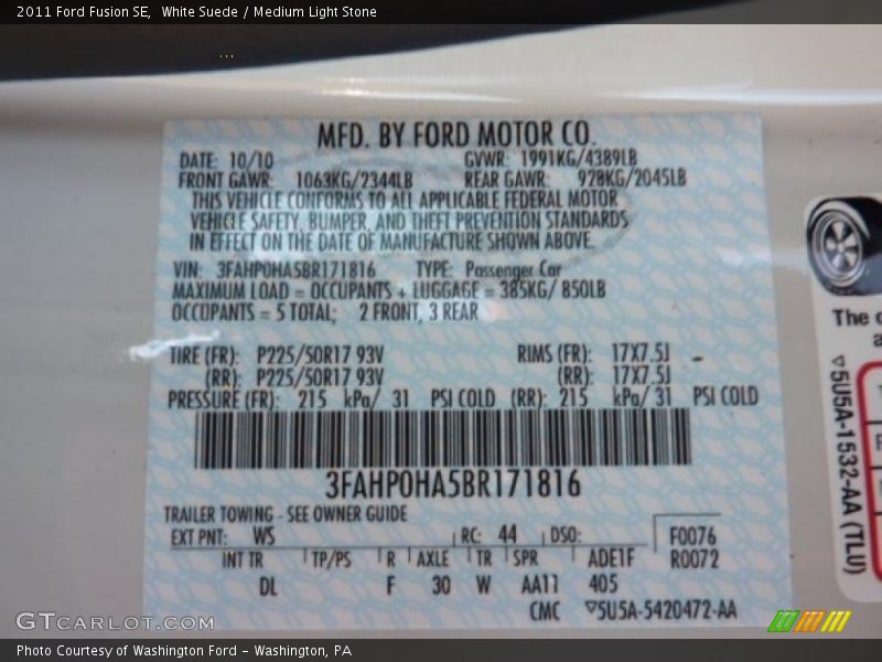 White Suede / Medium Light Stone 2011 Ford Fusion SE