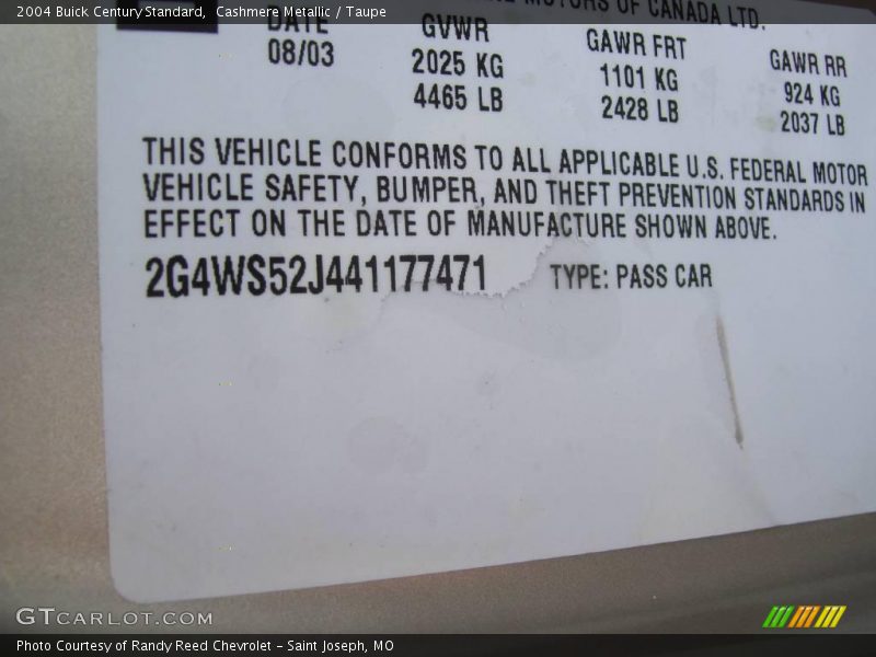 Cashmere Metallic / Taupe 2004 Buick Century Standard