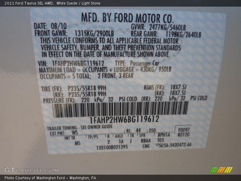 White Suede / Light Stone 2011 Ford Taurus SEL AWD