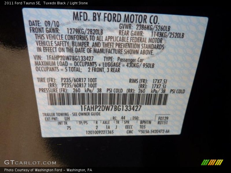 2011 Taurus SE Tuxedo Black Color Code UH