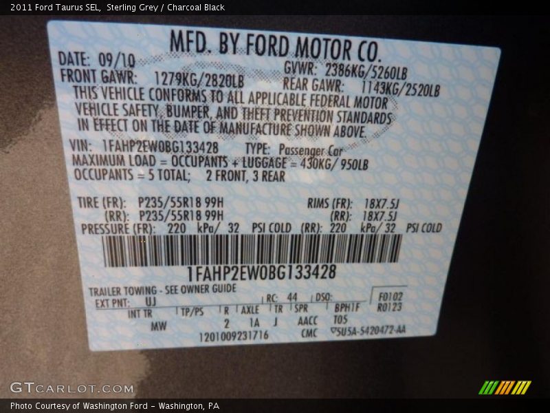Sterling Grey / Charcoal Black 2011 Ford Taurus SEL
