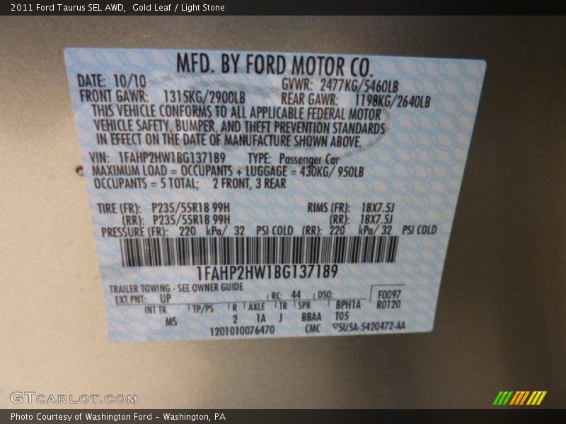 2011 Taurus SEL AWD Gold Leaf Color Code UP