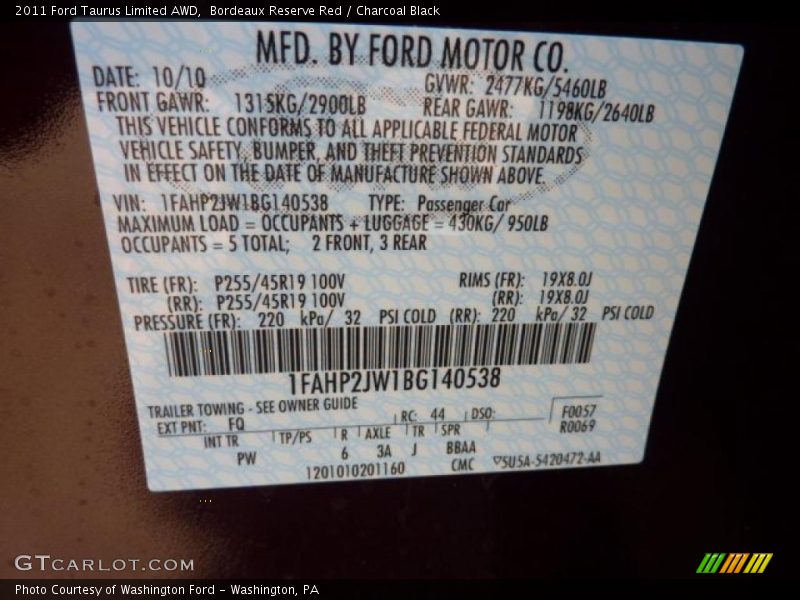 2011 Taurus Limited AWD Bordeaux Reserve Red Color Code FQ