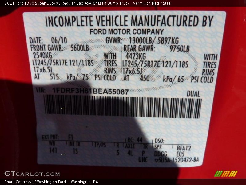 Vermillion Red / Steel 2011 Ford F350 Super Duty XL Regular Cab 4x4 Chassis Dump Truck