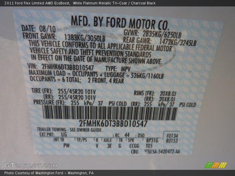 2011 Flex Limited AWD EcoBoost White Platinum Metallic Tri-Coat Color Code UG